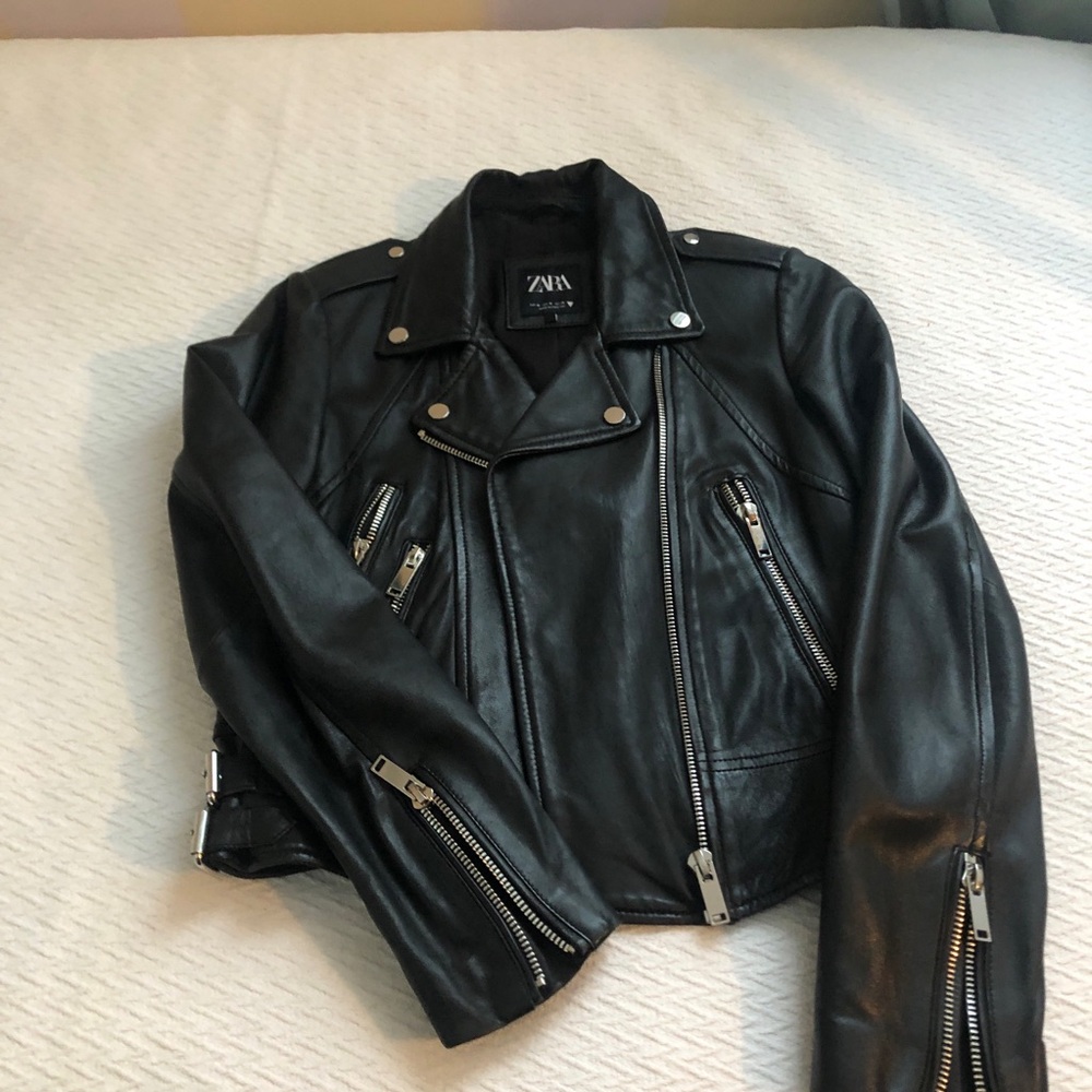 Zara Genuine Leather Real Natural Black Moto Biker Urban City Jacket Black sz M